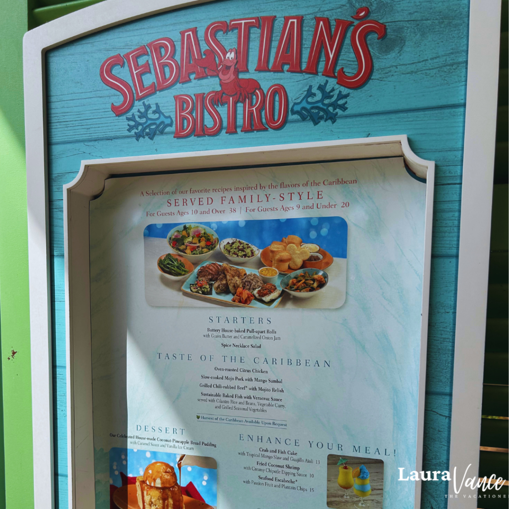 Sebastian's Bistro at Caribbean Beach Resort family style dinner menu sign