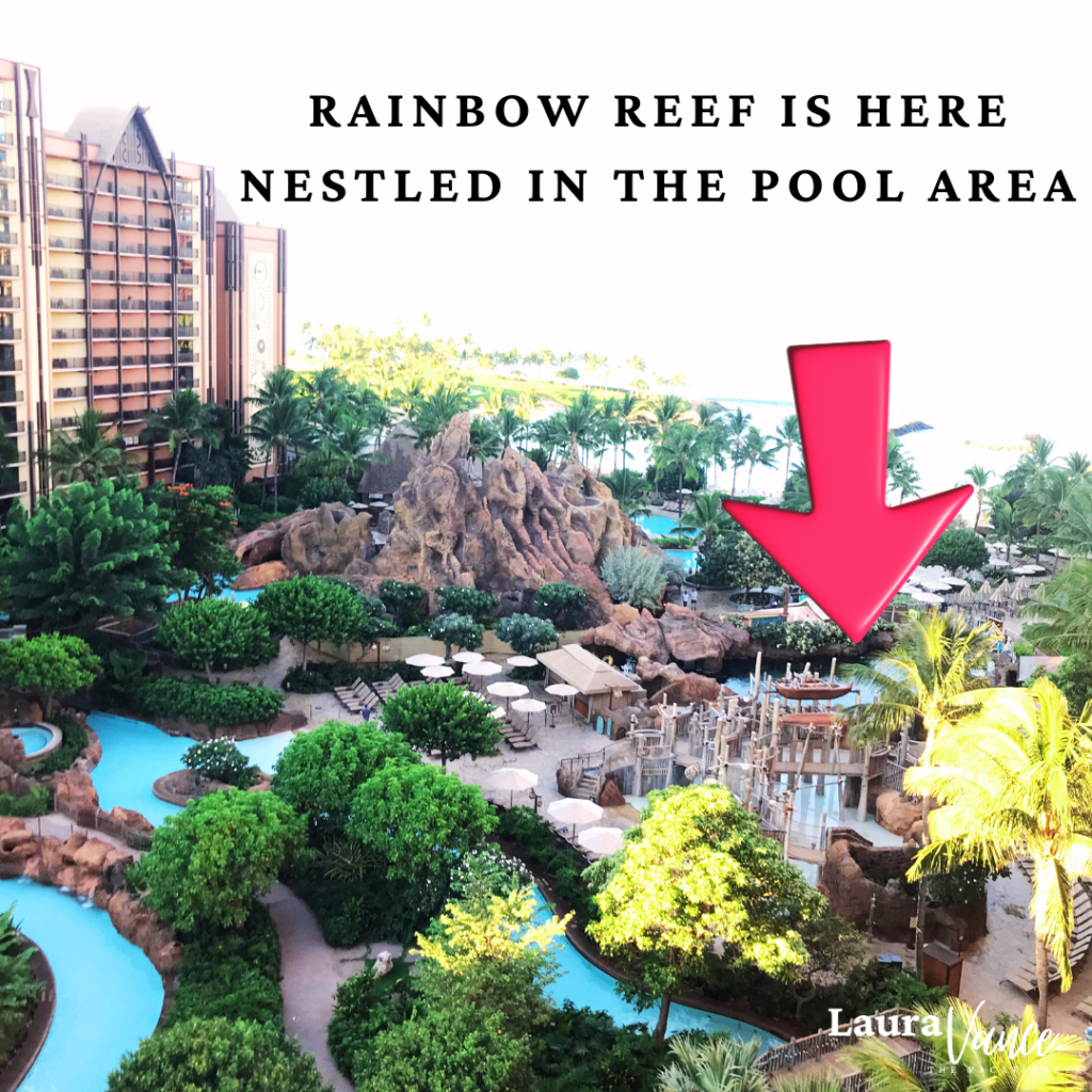 a picture of rainbow reef's location in the pool area of Aulani