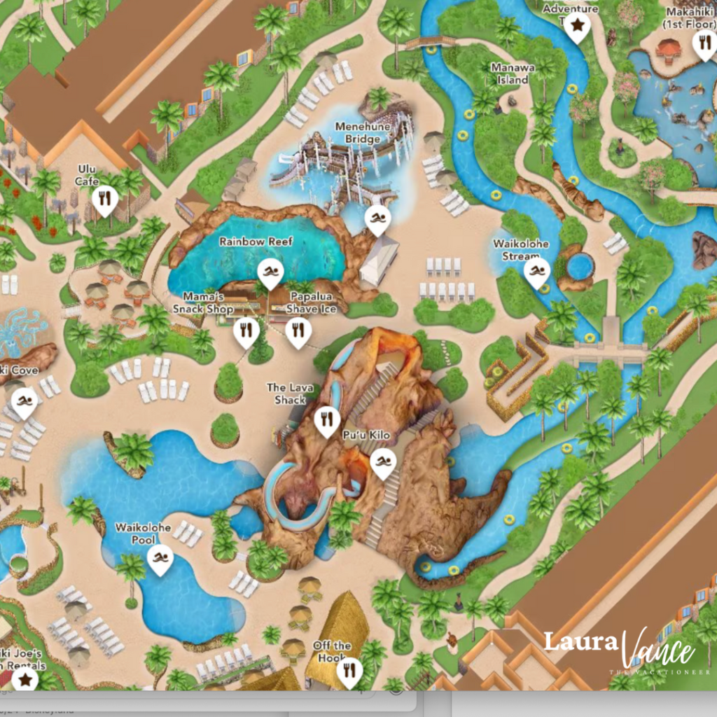 map of Aulani's Waikolohe Valley pool area with Rainbow Reef 